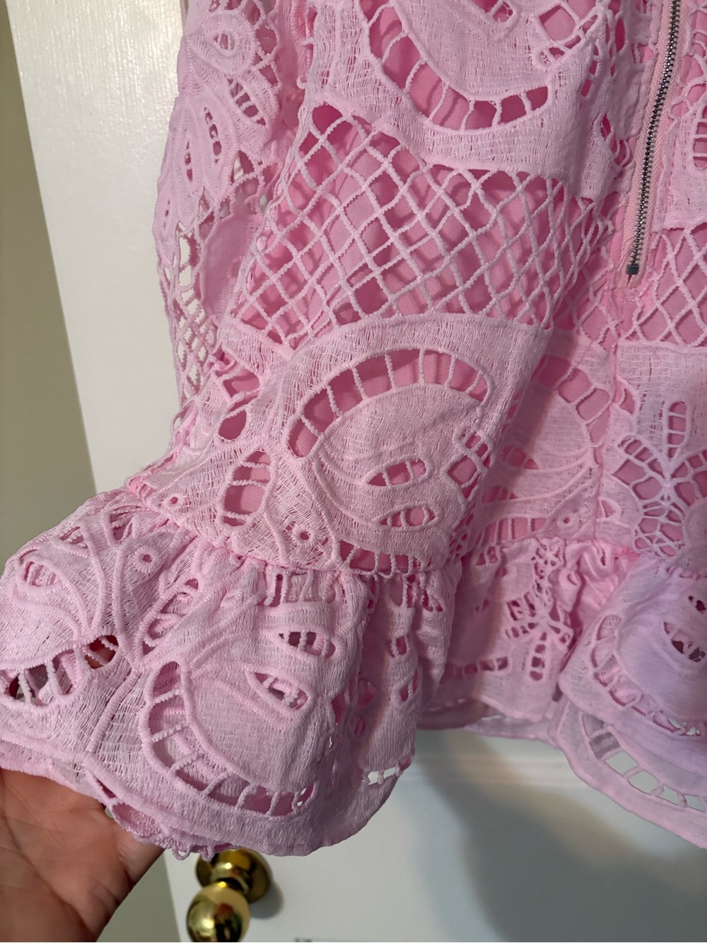 Pink Lace Cutout Mini Dress with Ruffle Hem - Picture 4 of 6